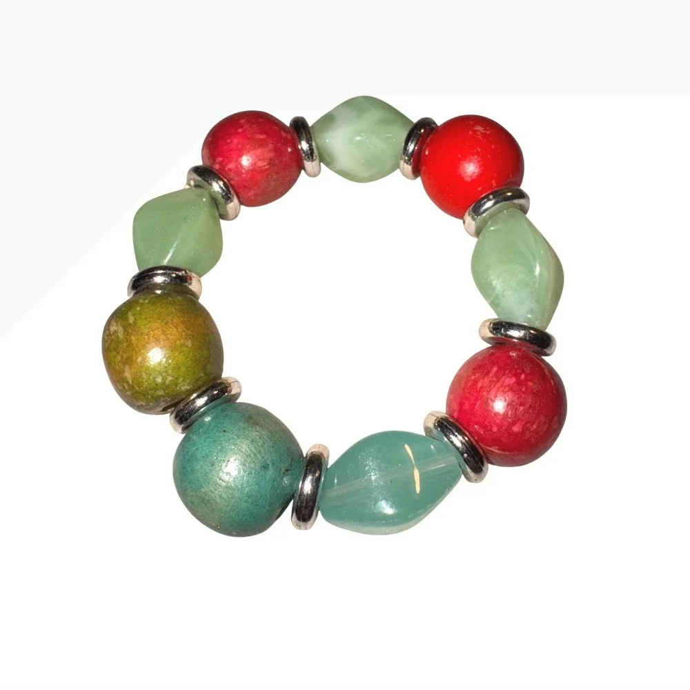 Womens‎ Chunky Beaded Stretch Bracelet Red Green Teal Wood Acrylic Silver Tone